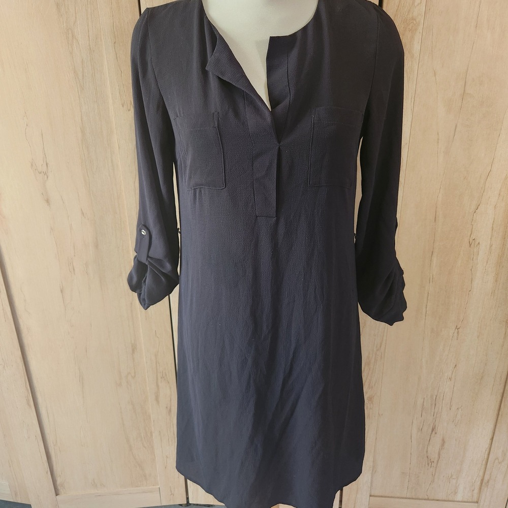 Atmosphere Black Roll Tab Sleeve Shift Dress Split‎ Neck Chest Pockets Size 6